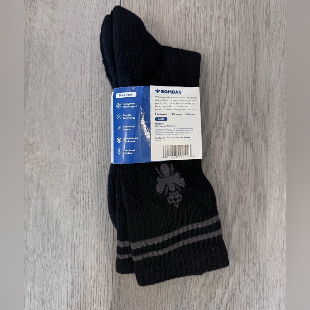 Bombas Socks Black And Grey Logo, One Pair Size Large NWT - Picture 2 of 3